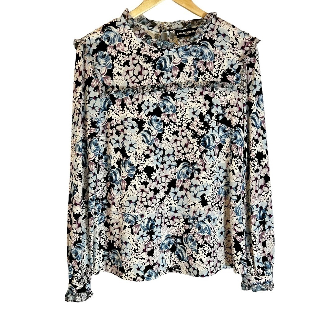 Karl Lagerfeld Paris Floral Black Purple Blue‎ Long Sleeve Blouse